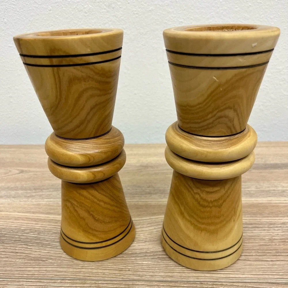 MCM Hand Turned Silver Maple Candle Pair of Holders Signed by Artist